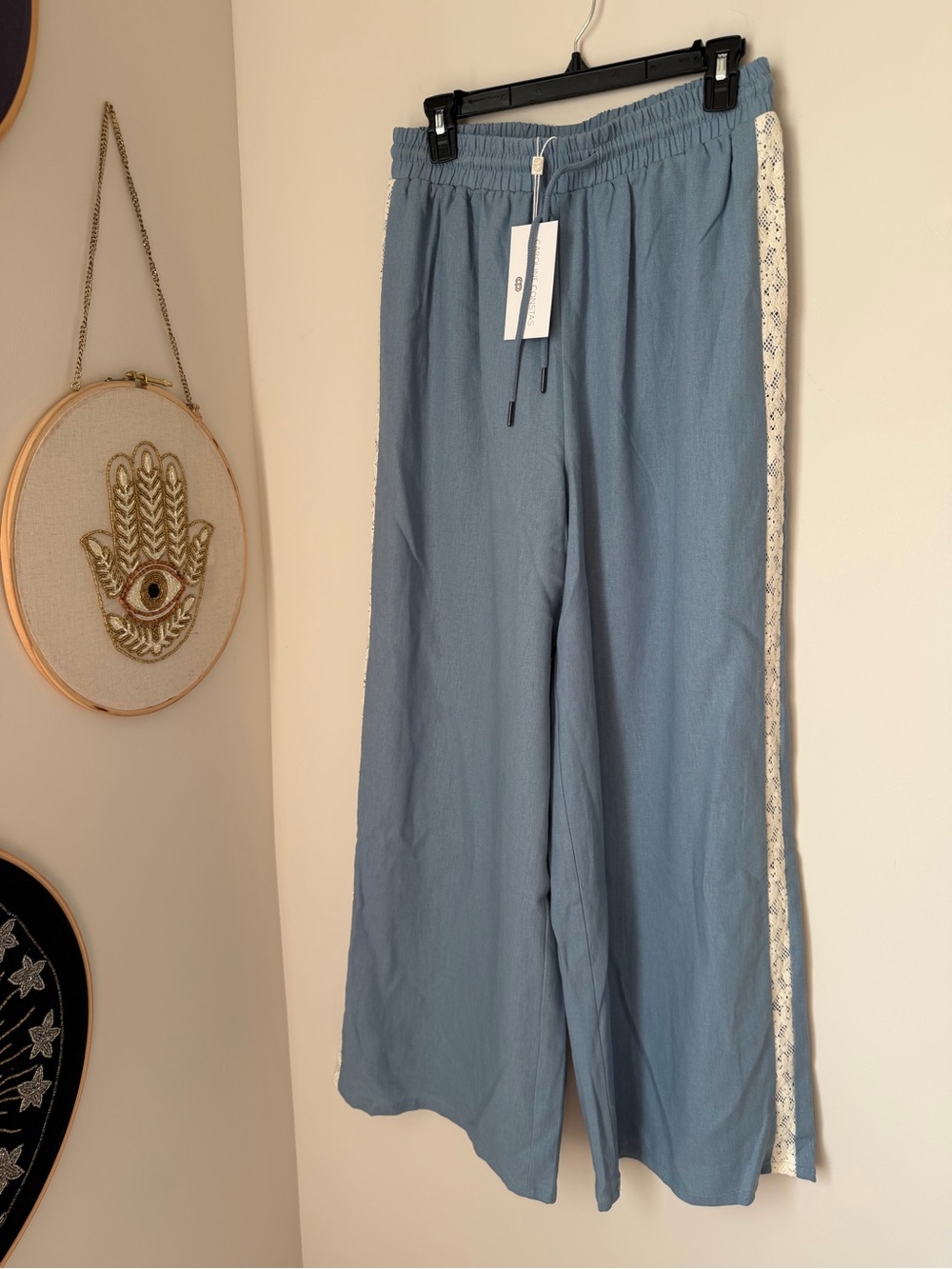 Blue Wide-Leg Pants with Cream Lace Trim